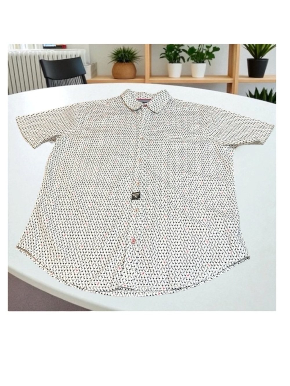 GEOMETRIX NY BY DRILL CLOTHING CO. FLAMINGO PRINT SHIRT WHI SIZE LARGE NEW